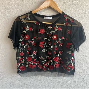 Embroidered roses sheer top